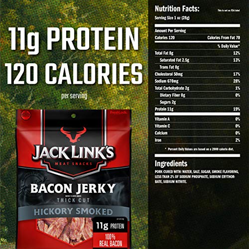 Jack Link's Bacon Jerky, Hickory Smoked, 2.85 oz. Bag - Flavorful Ready to Eat Meat Snack with 11g of Protein, Made with 100% Thick Cut, Real Bacon - Trans Fat Free