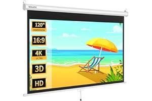 WASJOYE 120'' Projector Screen Manual Pull Down - 16:9 HD Retractable Projection Screen with Auto Locking - 4K Projector Screen Anti-Crease for Home Theater Cinema Office Education Presentation
