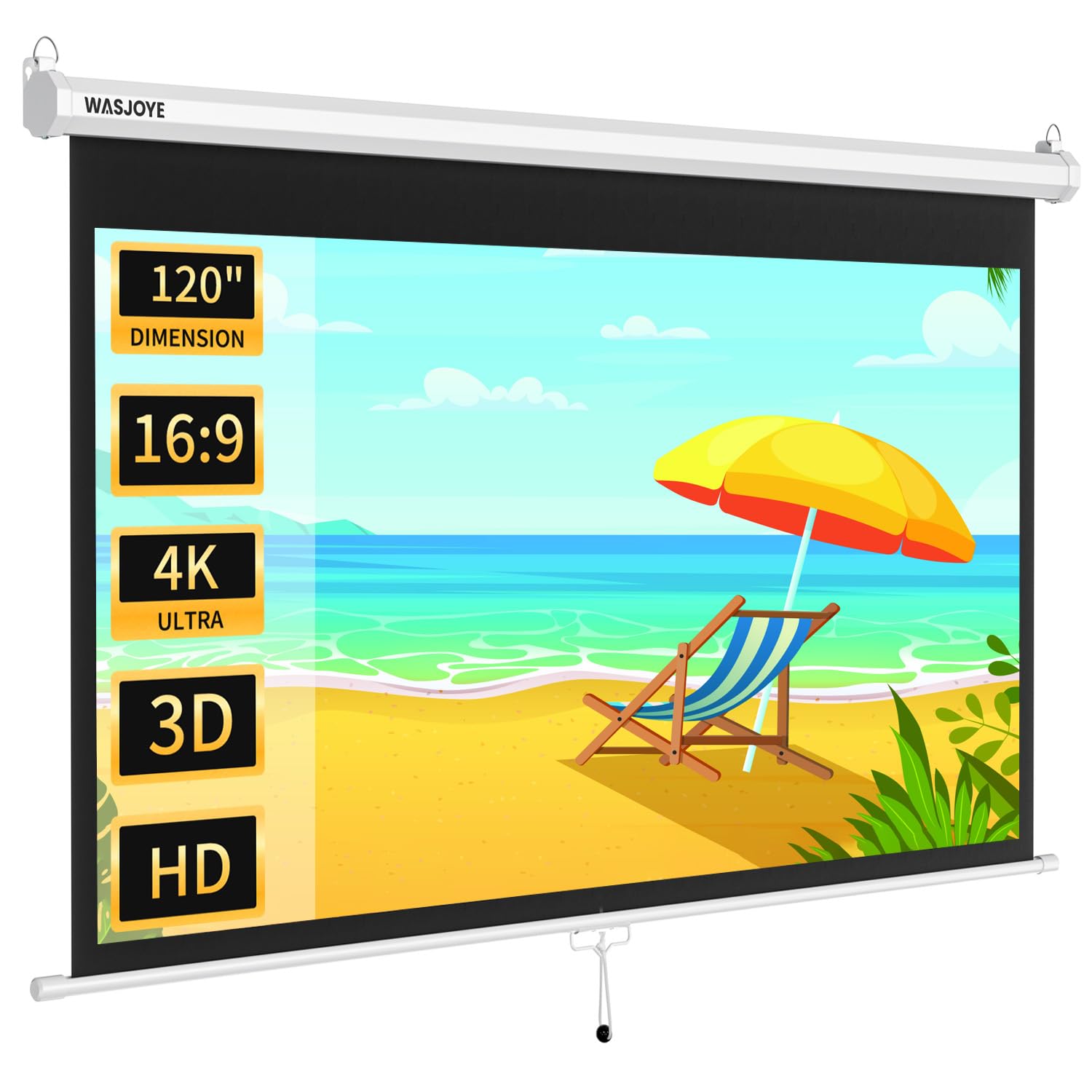 Photo 1 of ***MINOR DAMAGE ***WASJOYE 120'' Projector Screen Manual Pull Down - 16:9 HD Retractable Projection Screen with Auto Locking - 4K Projector Screen Anti-Crease for Home Theater Cinema Office Education Presentation