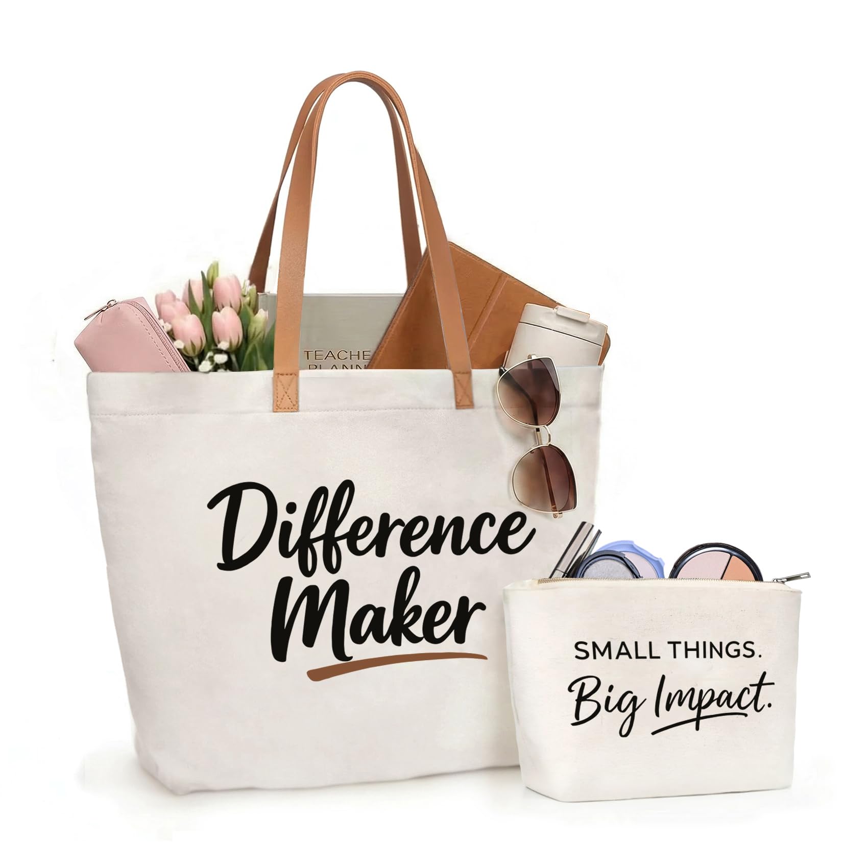 ELEGANTPARK Coworker Appreciation Gifts for Women Canvas Tote and Pouch Difference Maker Employee Volunteer Thank You Farewell Gift Administrative Professionals Day Office Assistant Teacher Gift Image