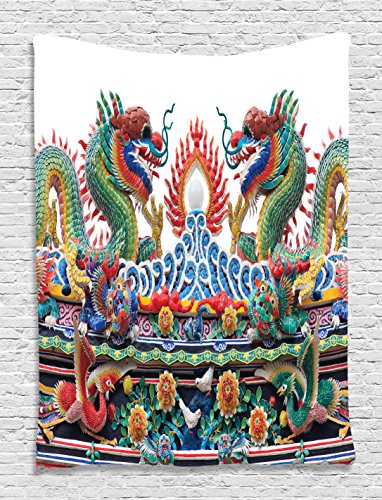 Asian Chinese Dragons Decor Colorful Eastern Decorations Asian Culture Flame Flowers Tapestry Wall Hanging Decorations Artprints Living Room Bedroom Dorm Outdoor Beach, Red Yellow Green Blue