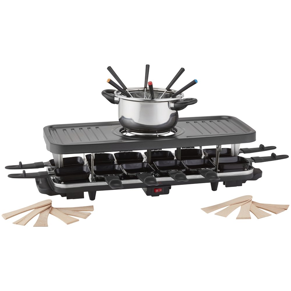 Traditional Raclette Grill Fondue Set, NonStick Top for Healthier Cooking with 12 Raclette