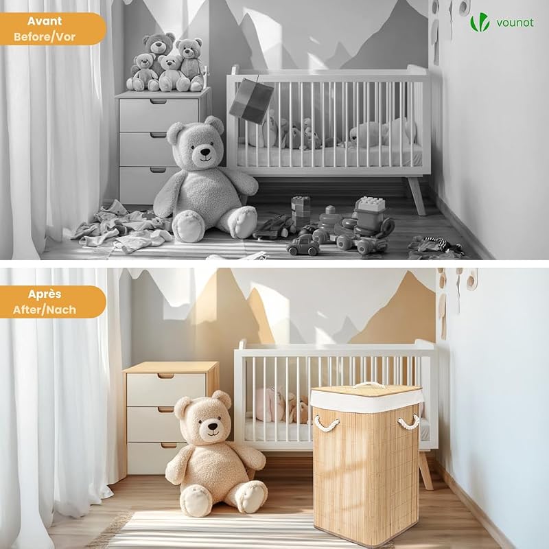 ® Cesto Portabiancheria Angolare in Bambù 58L, Cesto Pieghevole per Panni Sporchi con Coperchio, Manici e 2 Borse Rimovibili, per Bagno, Lavanderia e Camera da Letto, Naturale