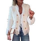 Movnebyro Women's Tweed Jackets Dressy Tassel Jackets Open Front Button Down Jacket Casual Work Office Coats Winter Coat
