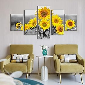 5 Panels Canvas Painting Sunflowers Wall Art Decor Black and White Canvas Print Floral Landscape Pictures Paintings Ready to Hang for Home Wall Decoration Living Room Office 32x60inches