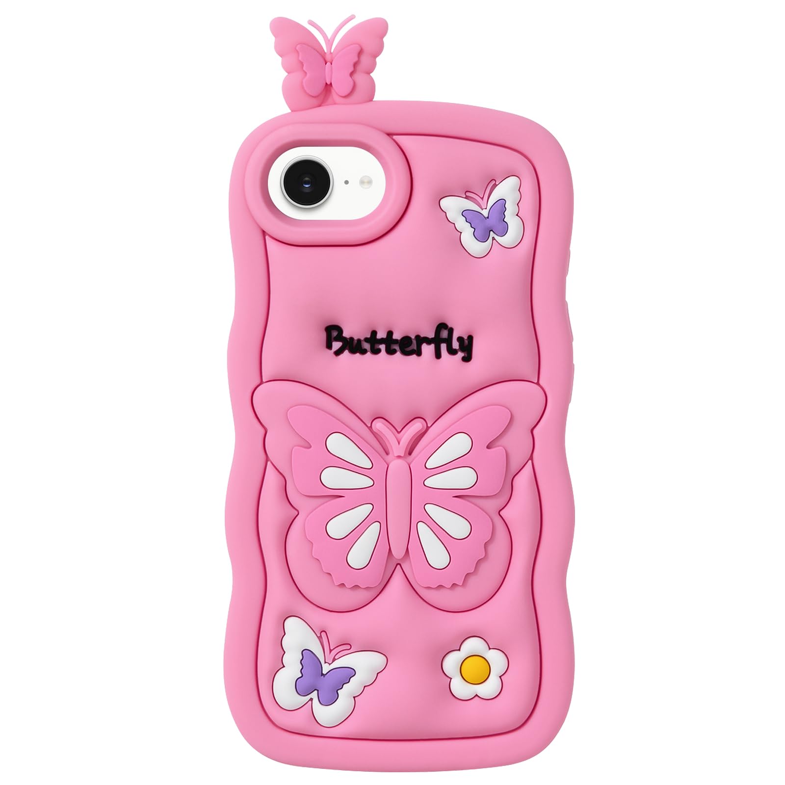 Mouzor Cute Phone Case for iPhone 16e Case, Butterfly 3D Animals Cartoon Soft Silicone Heavy Duty Protection Cover for Girls Women, Pink