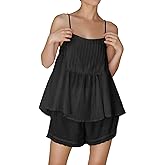Xfileen Womens Summer 2 Piece Set Sleeveless Tie Straps Ruffle Trim Top and Shorts Sets Soft Cozy Pajamas Set