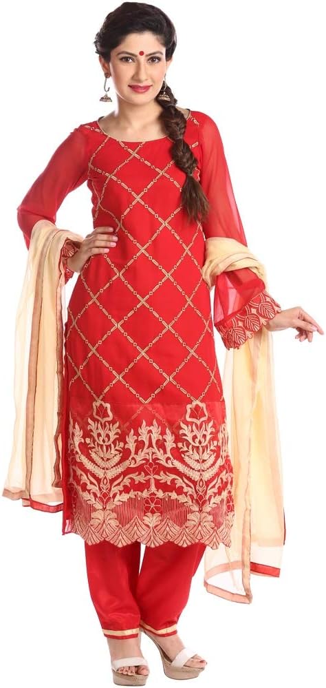 Fabwomen Women's Georgette Embroidered Unstitched Salwar Suit Material (FAB11011_Red_Free Size)