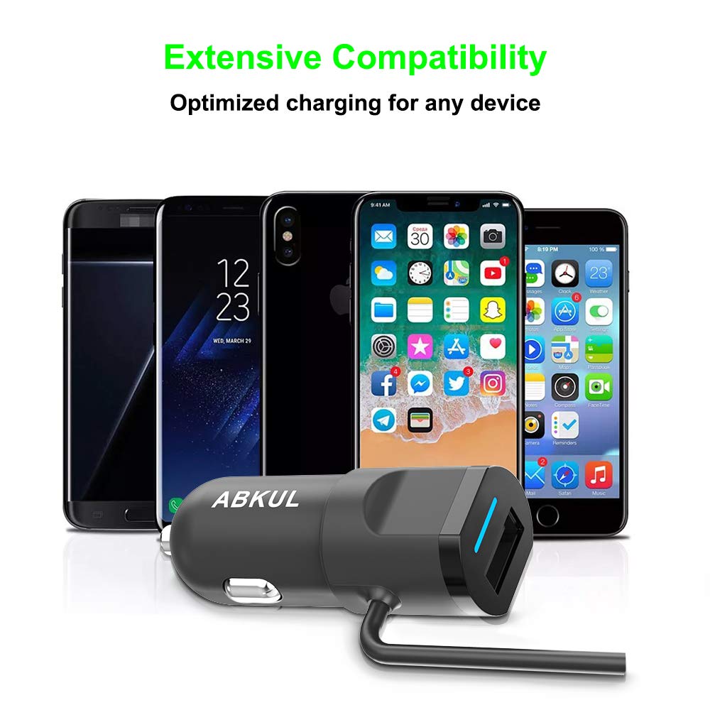 Car Charger, ABKUL 4.8A/24W Dual USB Fast Car Charger with Micro USB Cable, Compatible iPhone Xs Max XR XS X, Galaxy S9 S8, Note9 8, LG, HTC, Nexus 5X 6P, Pixel, iPad Pro/Air 2/Mini and More