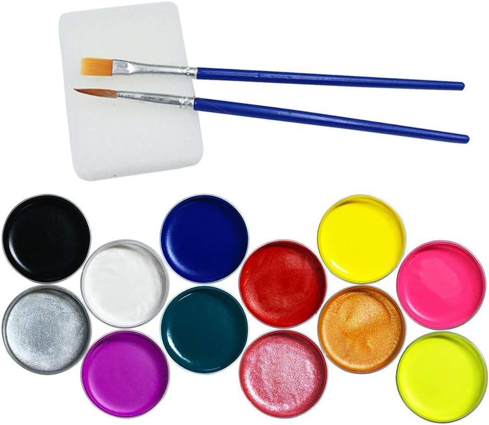 Face Paint Set Cosplay Halloween Makeup Paint Kit for Kids & Adult, Easy to Apply & Remove,12 Colors with Two Brush and One Spong