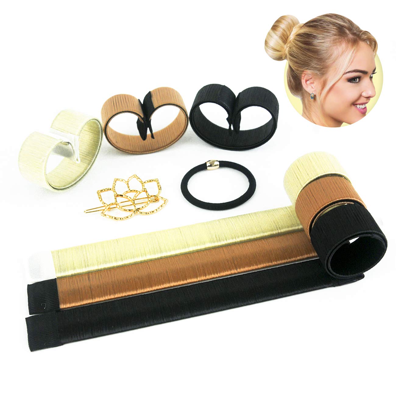 Hair Buns Maker - Fast Messy Perfect Sock Bun Magic Curler Clip French Donut Twist Shaper - Easy DIY Accessories Styling Tool for Women Girls - 3 PCS (Black, Blonde, Brown color) and 1 Hair Tie