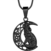 Viking Wolf Celtic Necklace Mens - Crescent Moon Wolf Necklace 316L Stainless Steel Norse Viking Pentagram Pentacle Pendant 18K Gold/Black Gun Plated Irish Knot Amulet Wicca Pagan Jewelry SP0070