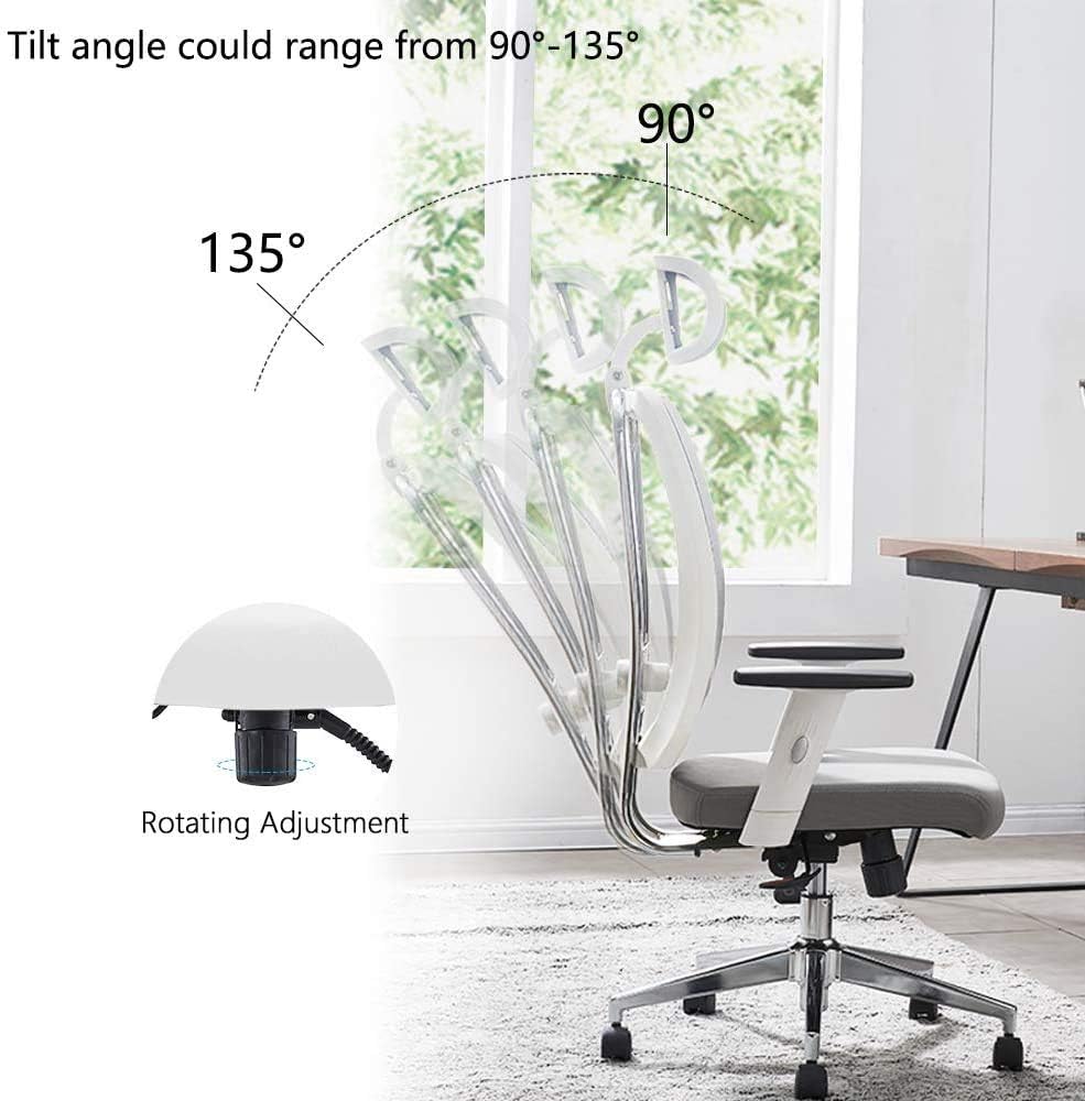 Cedric Office Chair,Breathable Mesh Computer Chair with Ergonomic Adjustable Lumbar Support, White Swivel Desk Chair with Adjustable Armrest and Headrest, Soft Cushion Seat: Furniture & Decor