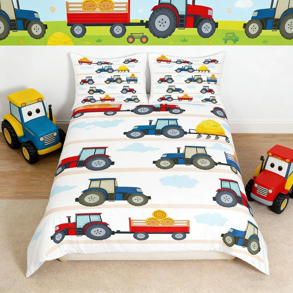 Loussiesd Kids Baby Tractor Bedding Double Tractor Vehicles Excavator Combine Harvester Bedding Set Girls Boys Teenagers Carts Cars Decor Soft Microfiber Duvet Cover Set of 2 Pillowcase — image 1