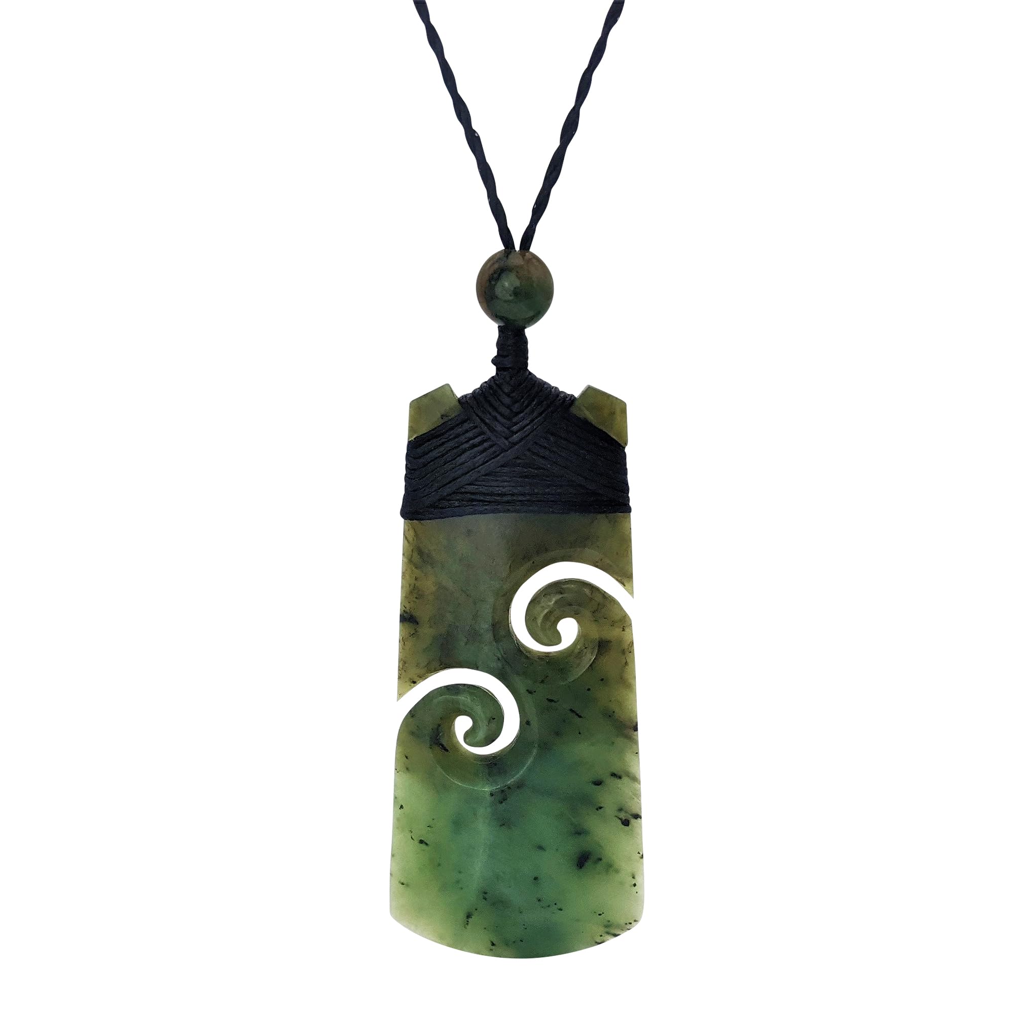 81stgeneration Hand Carved Double Koru Toki Nephrite Jade Necklace - Maori Style Greenstone Crystal Pendant Necklace - Handmade Necklaces - Spiritual Jewellery - Large Green Gemstone