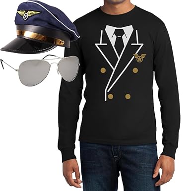 Piloten Karneval Kostüm Shirt + Brille + Hut Langarm T-Shirt