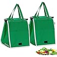 Helishy 2Pack Reusable Grocery Bags Shopping Trolley Bags, Green Non-woven Tote Bags with Handles, Collapsible Grab and Go Bag Clip on Shopping Cart