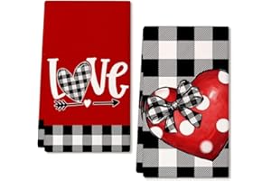 ARKENY Valentine Day Kitchen Towels Black Buffalo Plaid Check Bowknot Dish Towels 18x26 Inch Ultra Absorbent Wedding Drying Cloth Love Sign Hand Towel for Valentine Decorations Set of 2
