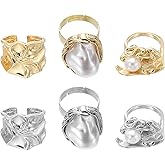 MECCANIXITY Chunky Gold Rings Set for Women Adjustable Pearl Stackable Ring Open Vintage Statement Stacking Jewelry, Pack of 6, Golden Tone, Silver Tone