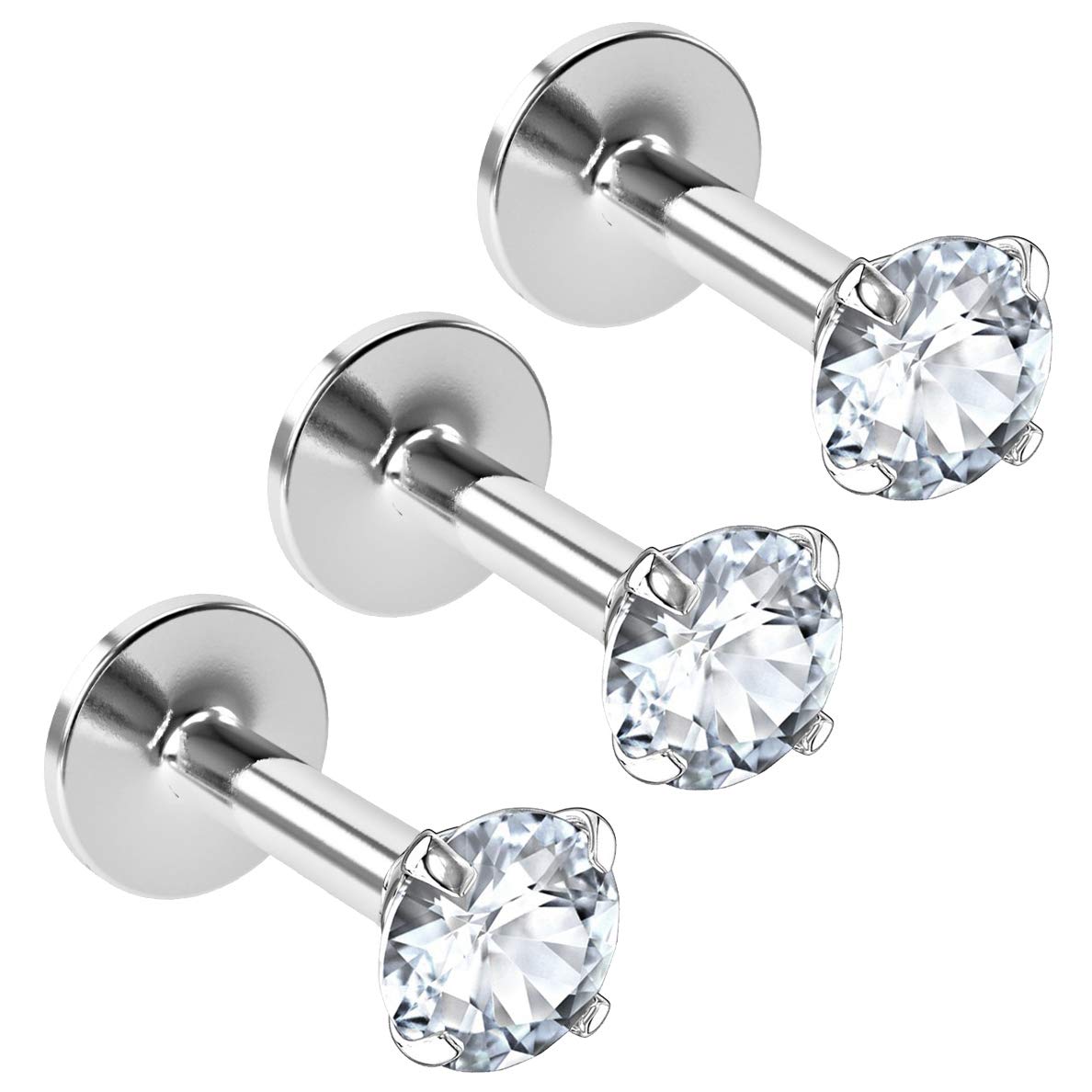 Evonix 3pc Internally Threaded Lip Labret Bar Piercing Studs Surgical Steel 6mm 1/4 Helix Monroe Dahlia Tragus Cartilage Snake Bites 4mm CZ Crystals