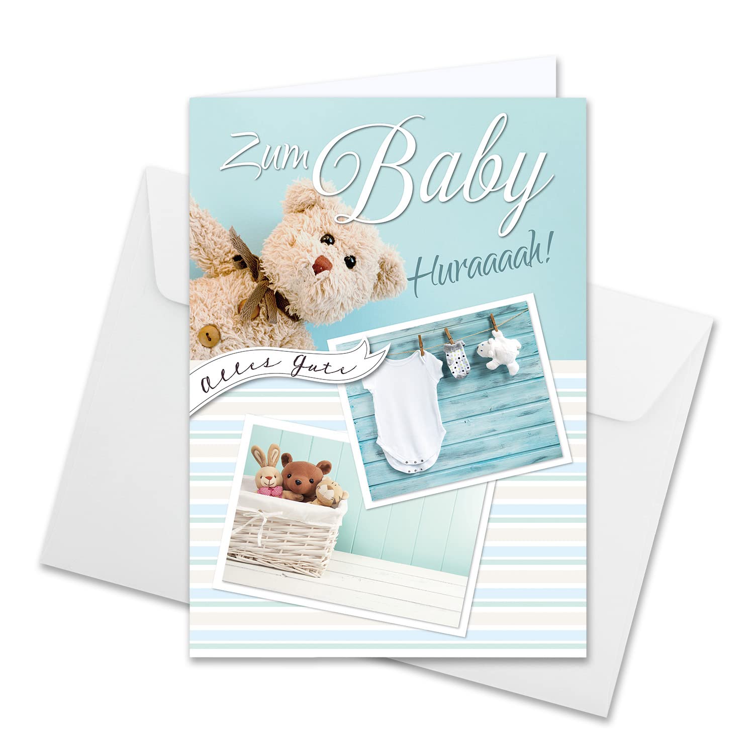 XXL baby birth card DIN A4 - large baby card - 1 piece - set with large envelope DIN C4 - cuddly toys with rompers - for boys
