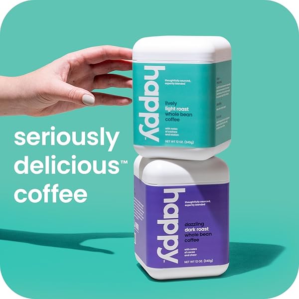 HAPPY COFFEE BRIGHT SIDE LIGHT ROAST WHOLE BEAN COFFEE, 12 OZ., NOTES OF CASHEW & PERFECTION, RESPONSIBLY GROWN & HARVESTED IN COLOMBIA, BRAZIL & GUATEMALA