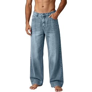 Men's Vintage Wide Leg Jeans Button Fly Loose Fit Comfy Denim Pants Fashion Street Casual Trousers with Pockets