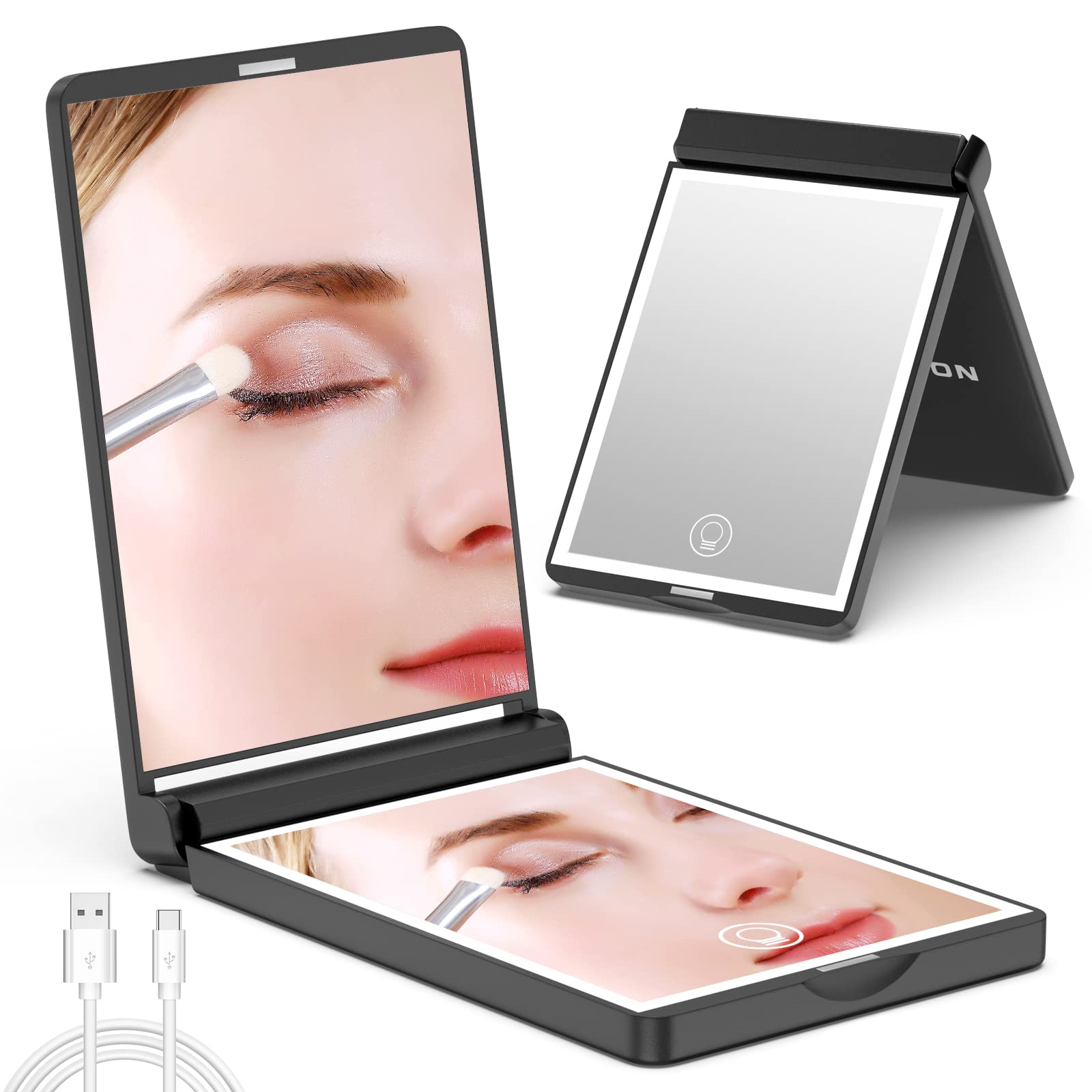 WOBSION Travel Makeup Mirror, 1x/3x Magnifying Compact Mirror for Handbag, Folding Portable Handheld Mirrors, Dimmable, Rechargeable, Gifts for Girls, Black