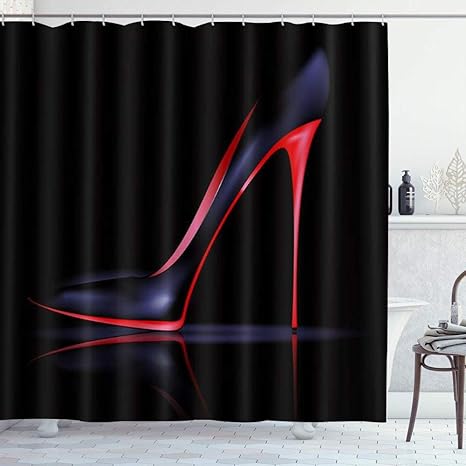 Amazon Kapanou 防水 シャワーカーテン モダンなハイヒールのファッションの女の子黒の背景に黒の赤いヒールの靴の反射 かわいいシャワーカーテン ユニットバス バスルーム 芸術の装飾 180cmx180cm バスフック付き 取り付け簡単 シャワーカーテン ホーム キッチン