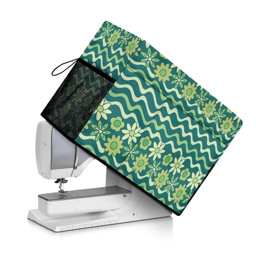 Jeiento Green Floral Sewing Machine Cover Flowers Portable Small Machine Dust Cover Sewing Equipment Cover with Essentials Storage Pockets