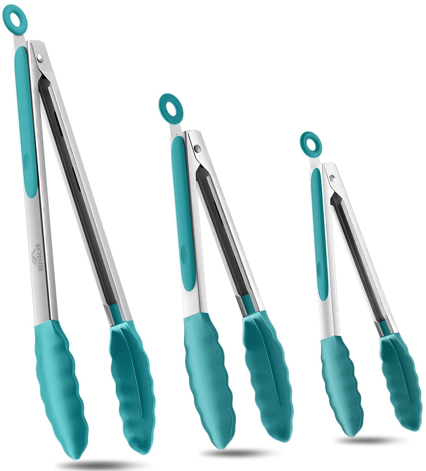 Photo 1 of 600ºF Heat Resistant Kitchen Tongs, Premium Locking Cooking Tongs with Silicone Tips, Non-Slip Food Tongs for Cooking, Non-Stick, Heavy Duty Stainless Steel Handle, Set of 3-7" 9" and 12" Aqua Sky