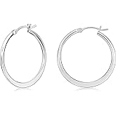 Gacimy Silvertone Hoop Earrings for Women 14k White Gold Plated, Flattened Silvertone Earrings Hoops for Women Medium 30mm