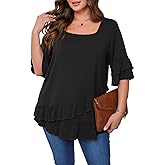 Beauhuty Womens Plus Size Tops Square Neck Tunic Double Ruffles Hem 3/4 Sleeve Shirt Casual Trendy Flow Loose Dressy Blouse