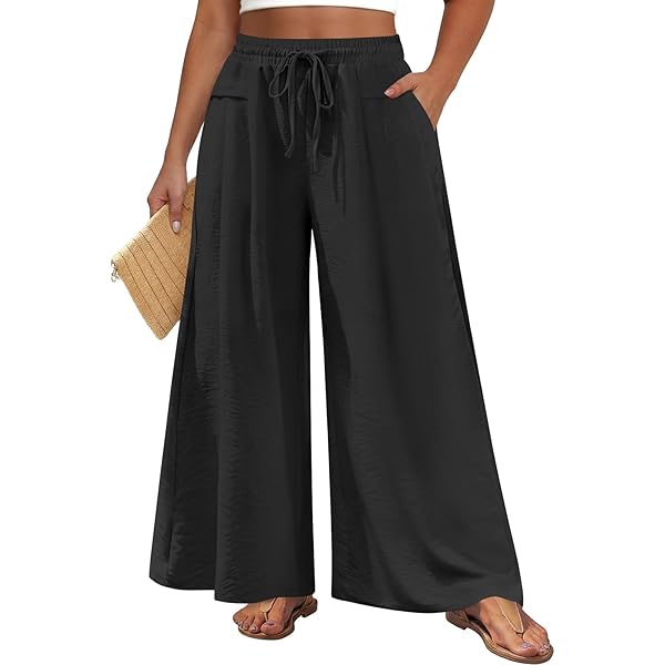 CZYINXIAN Women's Casual Wide Leg Pants Flowy Adjustable Tie Knot