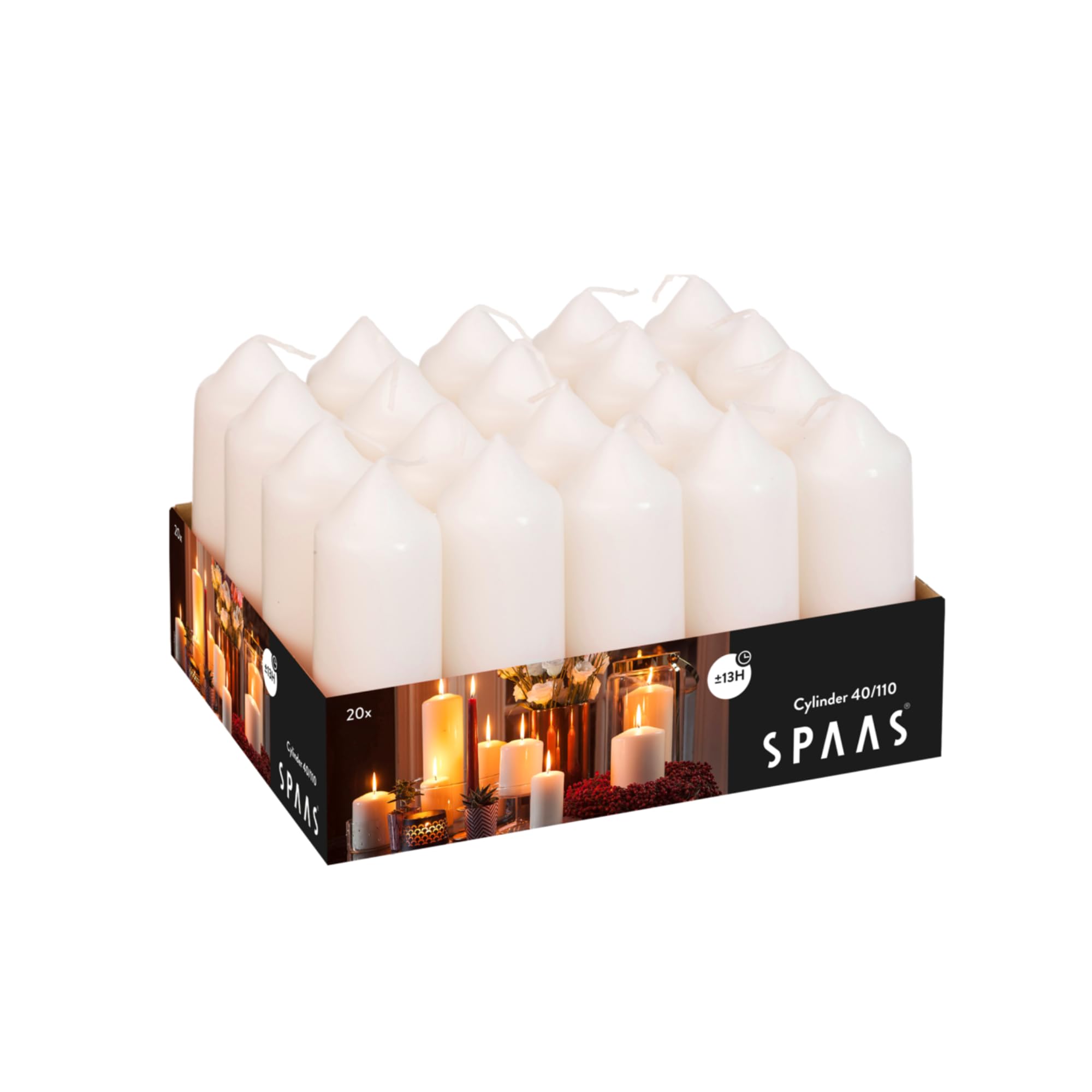 Spaas Tray of 20 Unscented Pillar Candles 40/110 mm, 13 Hours, Ivory