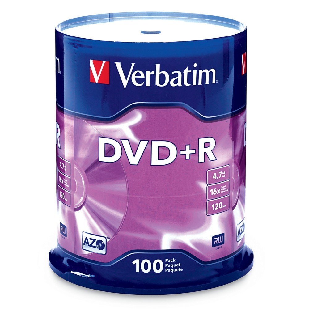 Photo 1 of Verbatim DVD+R Blank Discs AZO Dye 4.7GB 16X Recordable Disc - 100 Discs Spindle Silver Frustration Free Packaging