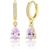 Kyerlyn 14K Gold Plated Birthstone Hoop Earrings for Women, Teardrop Birthstone Dangle Earrings Dainty Hoop Huggie Earrings Personalized Charm Minimalist Jewelry Birthday Gifts