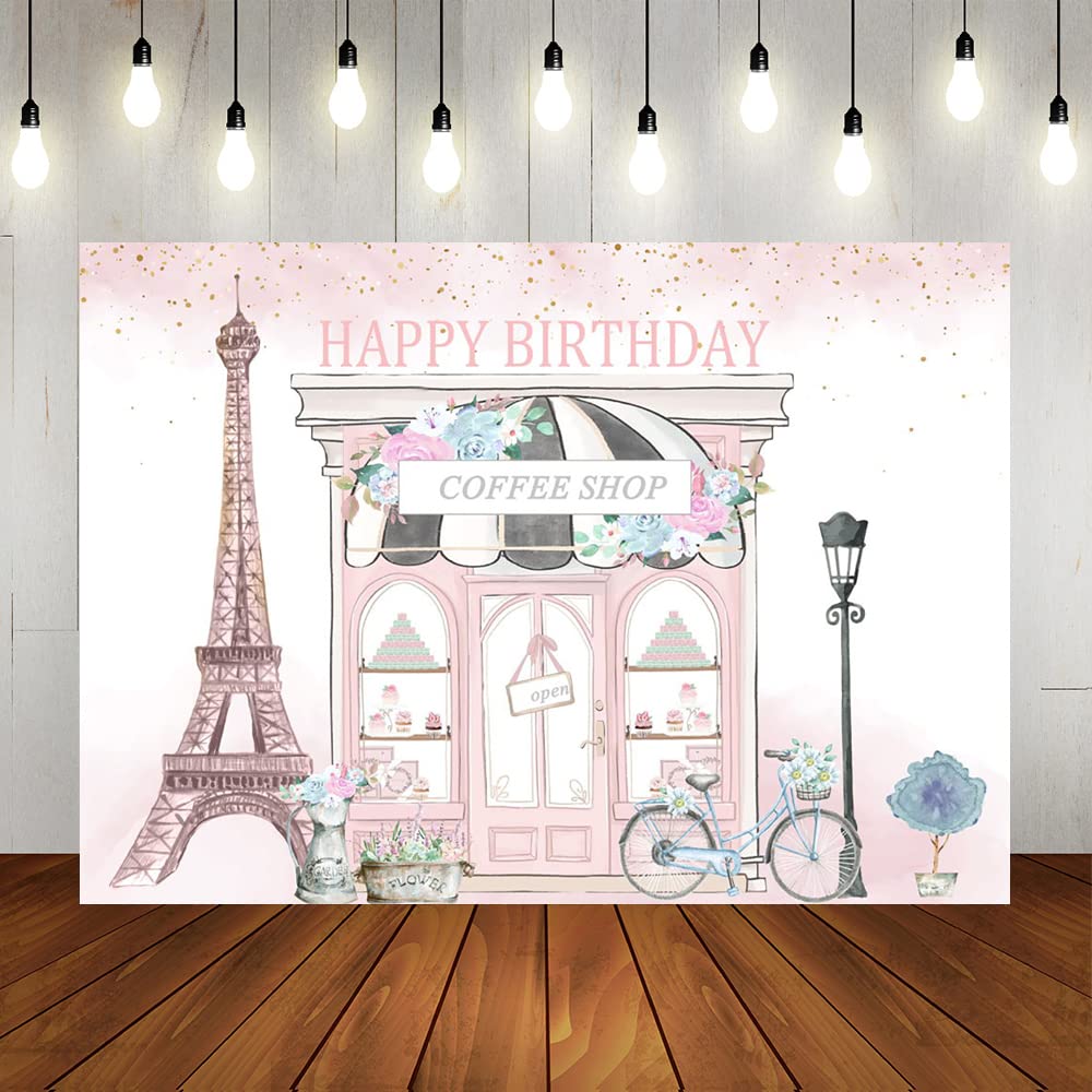Photo 1 of Lofaris Pink Paris Birthday Backdrop for Girls Floral French Parisian Cafe Tea Party Background Happy First Birthday Party Decor Cake Table Banner 7x5ft