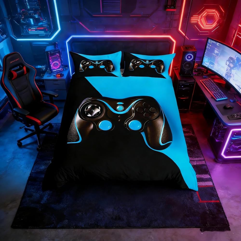 Loussiesd Gamepad Duvet Cover Black Blue Game Controller Decor Comforter Cover Single Size for Boys Girls Teens Room Decor Bedding Set Kids Youth Sci-Fi Style Videogame Joysticks Bedspread 2Pcs