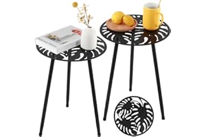 PARTY ZEALOT Metal Outdoor Side Tables Set of Two Small Outside Round End Table for Patio Modern Accent Garden Corner Table for Small Spaces, Balcony, Porch, Weather-Resistant, Plant Stand Indoor, Black