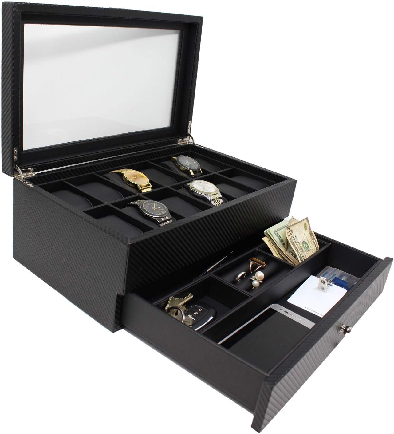 Watch Box- Display Case & Organizer For Men| First-Class Jewelry Watch Holder| 12 Watch Slots & Valet Drawer for Sunglasses, Rings, Phone| Sleek Black Color, Glass Top, Carbon Fiber, & Faux Leather: Home & Kitchen