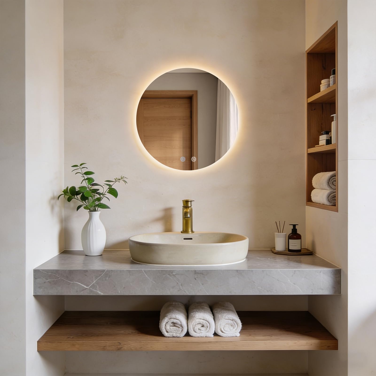 ANNWA Badspiegel mit Beleuchtung Rund, Wandmontage, Touch-Schalter, LED Spiegel mit 3 Lichtfarben Dimmbar, Memory-Funktion, Beschlagfrei, LED Wandspiegel 50x50 cm (NHYJ502D)