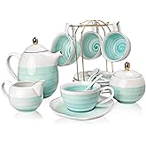 Sweejar Porcelain Tea Set, 8 OZ Capacity, Modern Style, Blue Color, Nature Pattern, 16 Piece Tea Service for 4, Includes Teapot, Sugar Bowl, Cream Pitcher, Teaspoons and Tea Strainer