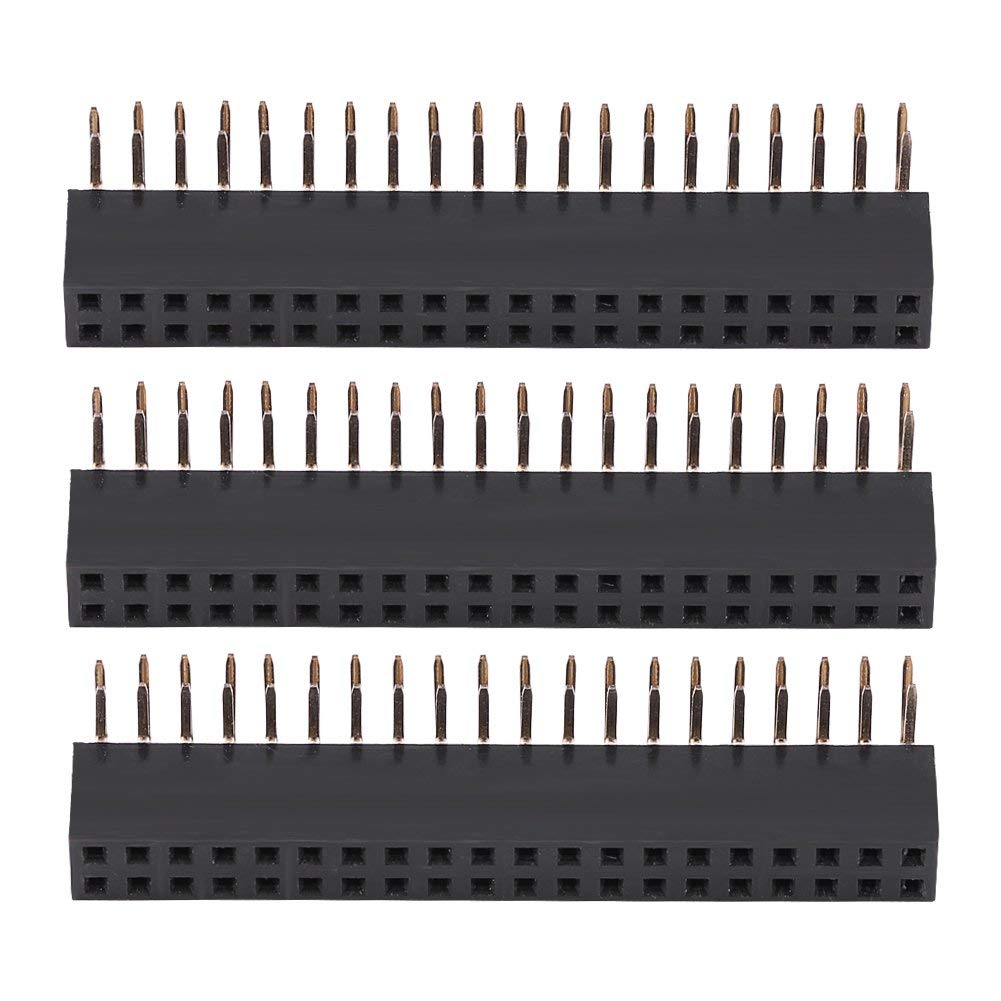 Odorkle 3pcs Female Pin Headers, 2x20 Pins, 2.54mm Pitch, Right Angle, Black Metal, PCB Mount, 40 Contacts, 1.2cm x 1.2cm, 5.2cm Centerline, Compatible