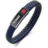 VNOX Blue/Black Braided Leather Cuff Bangle Medical ID Bracelet for Men