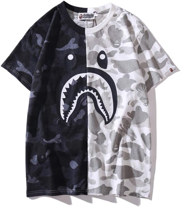 shops Street Shark Camouflage Multi-Layer Stitching T Shirt Women Couple Personality Color Round Neck Short Sleeve Short Tee Male