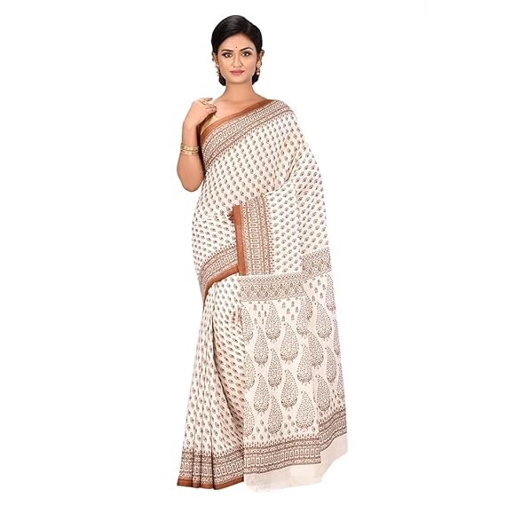 Women's White Soft Pure Cotton Printed Sarees