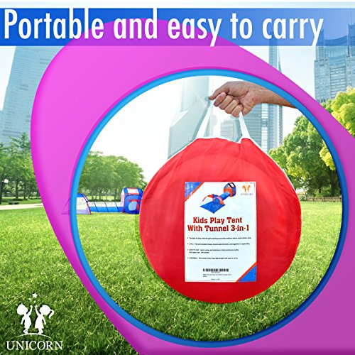 Unicorn Kids Play Tent with Tunnel - 3-in-1 Playhut Hours of Indoor Outdoor Fun Popup X-Large Ball Pit for Children Red and Blue