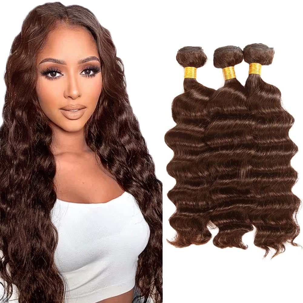 Creuost #4 Chocolate Brown Human Hair Bundles Deep Wave Weave 3 Bundles Total 300g Real Unprocessed Virgin Glueless Double Weft Weave Human Hair Extension 28 30 32 Inch — image 1
