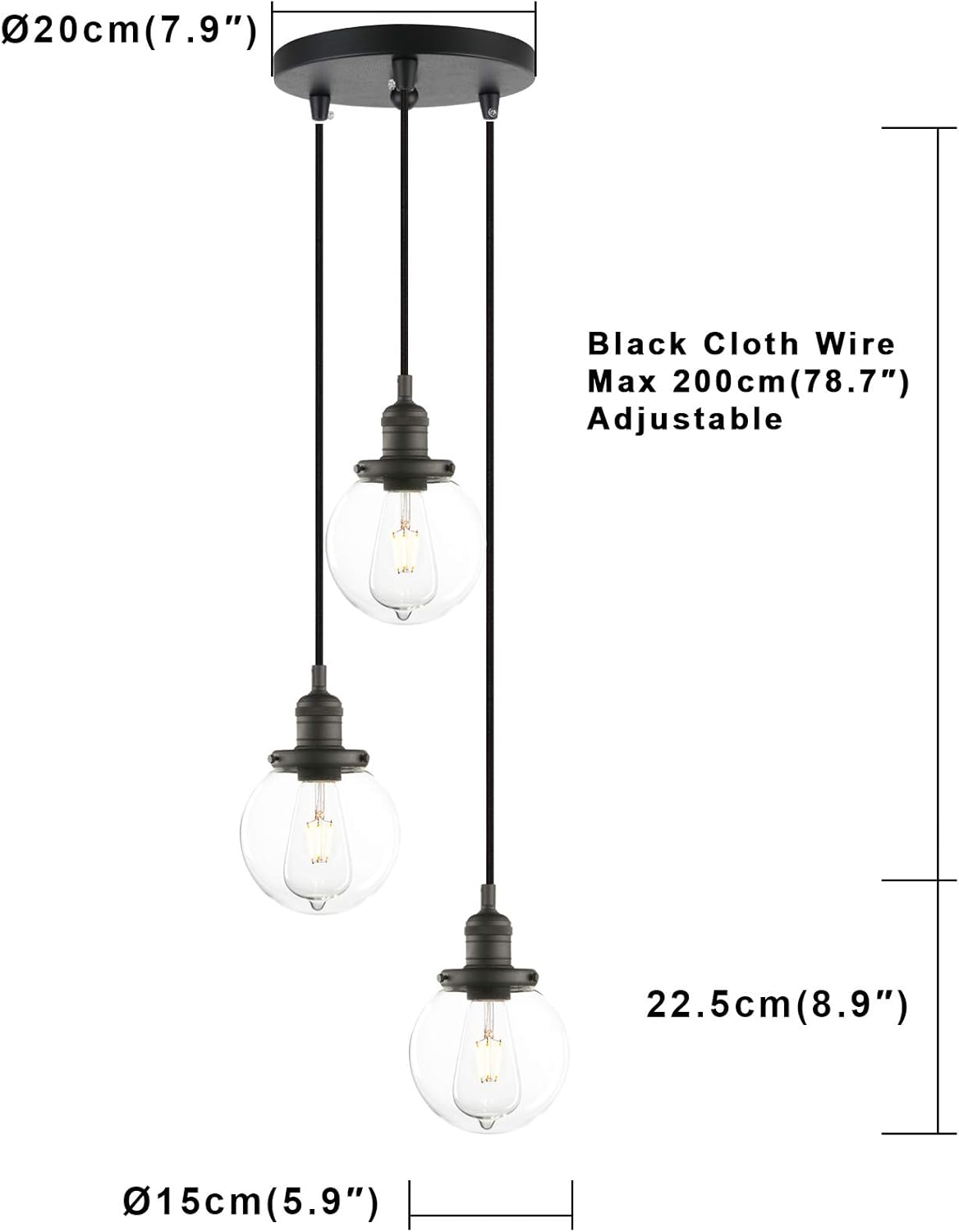 Phansthy Industrial Pendant 3 Lights Chandelier Flush Mount Light with Globe Glass Shade - Image 5